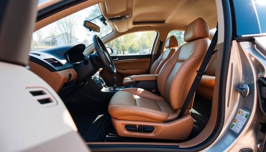 A bright, airy interior of a well-maintained car. The dashboard, steering wheel, and seats are clean and free of clutter. Sunlight streams through the windows, casting a warm glow on the tan leather upholstery. The air vents are unobstructed, allowing for efficient air circulation. The floor mats are neatly in place, and the overall impression is one of order and cleanliness. The camera angle is slightly elevated, capturing the entire passenger compartment in a natural, realistic perspective. The lighting is balanced, neither too harsh nor too soft, highlighting the textures and materials of the car's interior.