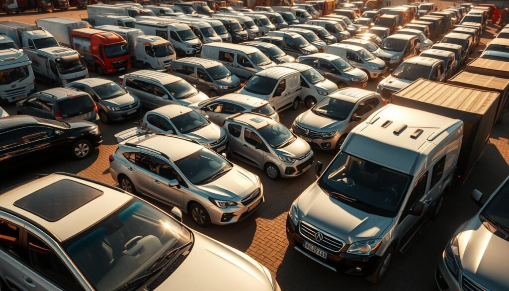 A bustling fleet of well-maintained vehicles in the heart of Maroc, captured under the warm glow of the North African sun. Sleek sedans, rugged SUVs, and sturdy commercial trucks line the paved lot, their pristine exteriors gleaming. The scene exudes an air of efficiency and professionalism, reflecting the attention to detail and care required to keep a diverse fleet of automobiles in top condition. Subtle shadows create depth, while the slightly elevated camera angle provides a comprehensive view of the organized, thriving vehicular ecosystem. This is the epitome of effective fleet management, a testament to the dedication and expertise required to ensure these essential assets remain in peak operating order.