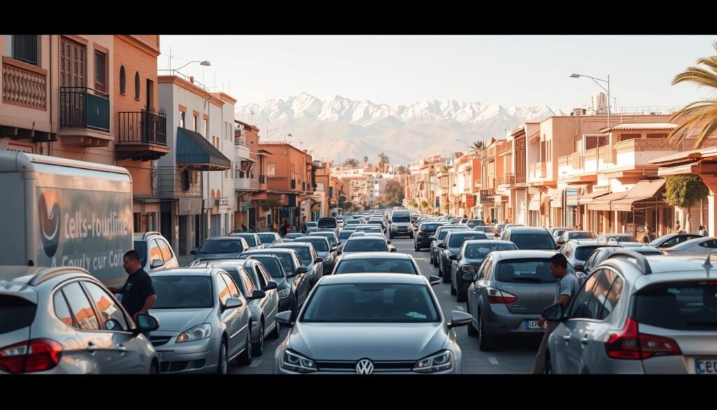 A bustling street in a Moroccan city, the sun casting warm, golden hues across the scene. In the foreground, a mobile car wash operation is in full swing, with a team of skilled technicians meticulously cleaning and polishing a variety of vehicles, from compact sedans to SUVs. The cars are parked in an orderly fashion, their owners patiently waiting as their vehicles are transformed. The middle ground showcases the diverse architecture of the city, with traditional Moroccan buildings and shops lining the street, their vibrant colors and intricate designs adding to the authentic atmosphere. In the background, the iconic Atlas Mountains can be seen, their snow-capped peaks serving as a stunning natural backdrop to the urban scene. The lighting is soft and diffused, creating a warm, inviting ambiance that captures the essence of Moroccan culture and the average cost of mobile car washing across the region.