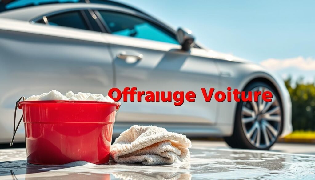 A car gleaming in the sunlight, its pristine white exterior freshly washed and polished. In the foreground, a bucket of soapy water and a plush microfiber mitt, ready to continue the meticulous cleaning process. In the middle ground, a crisp sign displays the text "Offre Lavage Voiture Promotion" in bold, vibrant lettering, highlighting the enticing special offer. The background is a tranquil scene, with lush greenery and a clear blue sky, conveying a sense of serenity and relaxation. The lighting is soft and natural, casting subtle shadows and highlights that accentuate the car's sleek lines and the promotional sign's visibility. The overall atmosphere is one of a premium car wash experience, inviting the viewer to take advantage of the exclusive promotion.