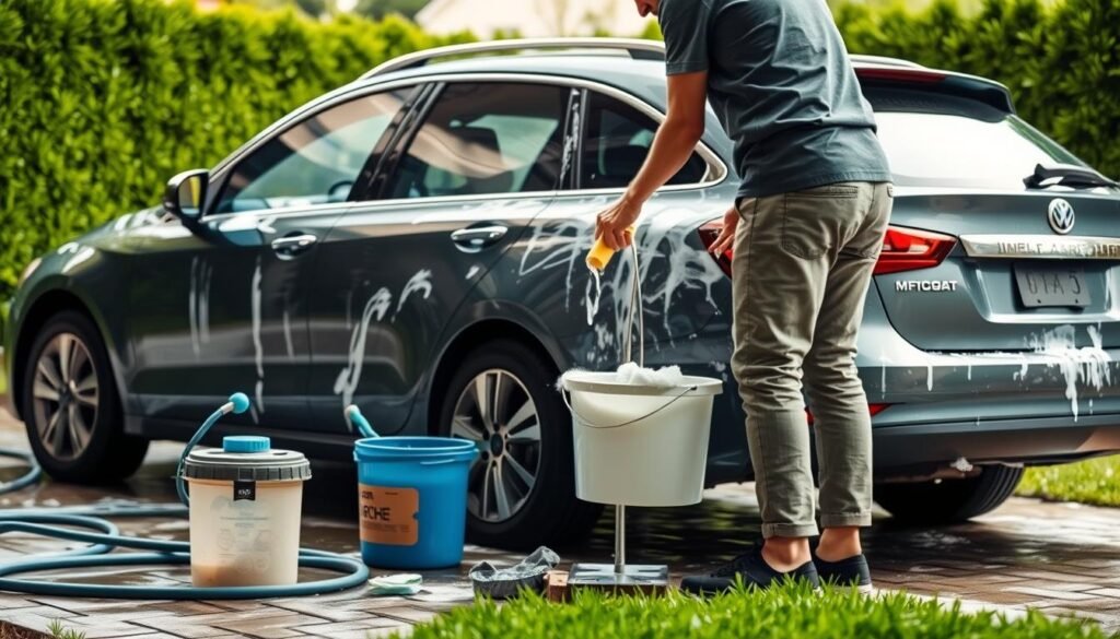 A carefully staged scene of a person diligently washing a car in a residential setting. The car is parked in a driveway or garage, with a hose, bucket, sponge, and cleaning supplies visible nearby. The person, wearing casual attire, is using a two-bucket method, thoroughly scrubbing the vehicle's exterior with gentle, circular motions. The lighting is natural, with soft shadows and highlights that emphasize the textures of the car's surface and the person's actions. The background includes lush greenery, such as neatly trimmed hedges or a well-maintained lawn, creating a tranquil, suburban atmosphere. The overall mood is one of focused, methodical care and attention to detail, reflecting the step-by-step process of a high-quality car wash performed at home.