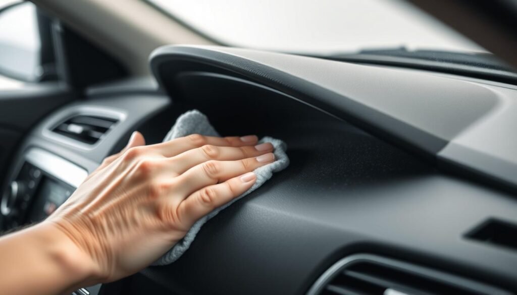 A close-up of a person's hands carefully cleaning the dashboard of a car with a soft microfiber cloth, removing dust and grime to restore a pristine, streak-free finish. The lighting is soft and diffused, highlighting the intricate textures of the dashboard's surfaces. The background is slightly blurred, placing the focus on the hands and the cleaning process. The overall scene conveys a sense of diligence and attention to detail in maintaining the interior of the vehicle. A close-up of a person's hands carefully cleaning the dashboard of a car with a soft microfiber cloth, removing dust and grime to restore a pristine, streak-free finish. The lighting is soft and diffused, highlighting the intricate textures of the dashboard's surfaces. The background is slightly blurred, placing the focus on the hands and the cleaning process. The overall scene conveys a sense of diligence and attention to detail in maintaining the interior of the vehicle.