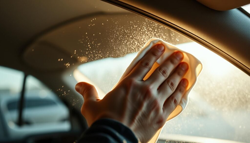 A close-up view of a person's hand using a cleaning cloth to meticulously wipe the interior of a car window, removing every last speck of dirt and leaving the glass sparkling clean. The window is backlit, casting a soft, even glow that illuminates the intricate details of the cleaning process. The person's face is not visible, but their concentration is palpable as they carefully clean the window, ensuring a flawless, streak-free finish. The car's interior is slightly blurred in the background, keeping the focus on the window cleaning task at hand. The overall scene conveys a sense of diligence, attention to detail, and the satisfaction of a job well done.