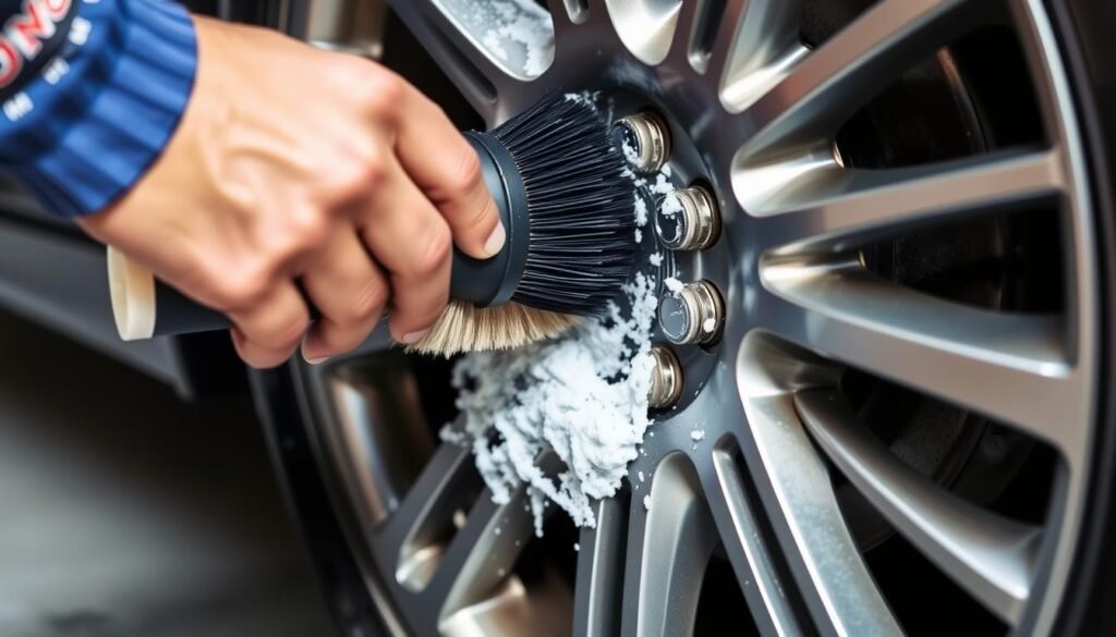 A close-up view of a person's hands thoroughly scrubbing the wheel rim and tire of a car, using a high-quality brush and specialized cleaning solution. The lighting is bright and even, highlighting the details of the textured rubber and metallic surfaces. The scene conveys a sense of diligence and attention to detail, with the goal of removing any stubborn dirt, grime, or brake dust for a pristine, showroom-like finish. The background is blurred, keeping the focus on the cleaning process itself. A close-up view of a person's hands thoroughly scrubbing the wheel rim and tire of a car, using a high-quality brush and specialized cleaning solution. The lighting is bright and even, highlighting the details of the textured rubber and metallic surfaces. The scene conveys a sense of diligence and attention to detail, with the goal of removing any stubborn dirt, grime, or brake dust for a pristine, showroom-like finish. The background is blurred, keeping the focus on the cleaning process itself.