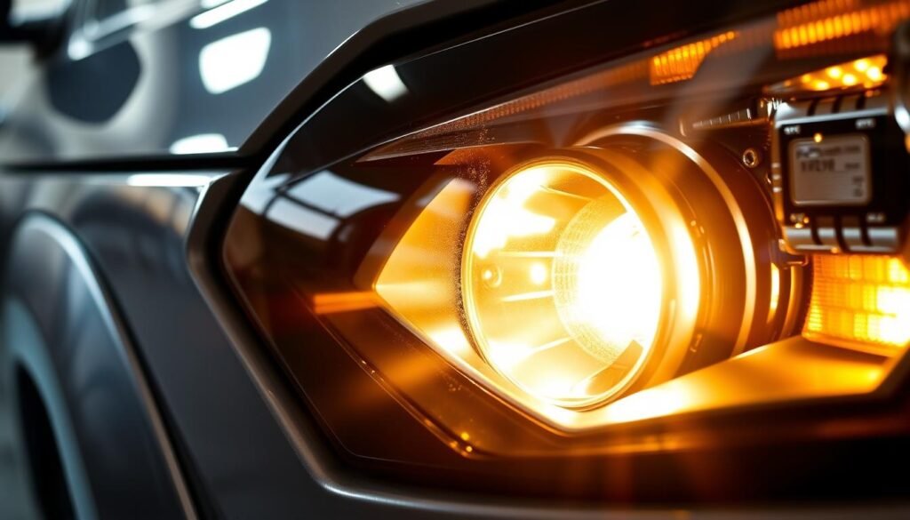 A close-up view of a vehicle's headlight, showcasing a clear, high-quality protective coating applied to the lens. The coating appears glossy and transparent, allowing the light to shine through unobstructed. The headlight is illuminated, casting a warm, powerful beam that illuminates the surrounding area. The focus is on the headlight's lens, with the surrounding body of the vehicle visible in the background, providing context. The image conveys a sense of durability, protection, and optimal lighting performance, highlighting the benefits of proper UV protection for vehicle headlights.