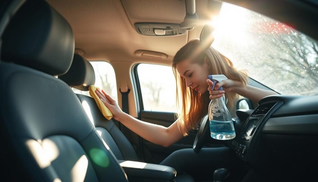 A cozy, well-lit interior of a car, with a person meticulously cleaning the seats, dashboard, and other surfaces. Soft natural light filters through the windows, casting gentle shadows and highlighting the dust and dirt being wiped away. The person is using a microfiber cloth and all-purpose cleaner, carefully attending to every nook and cranny. The atmosphere is one of focus and attention to detail, as the person takes great care to restore the car's interior to a pristine condition. The scene conveys a sense of accomplishment and satisfaction upon completing the thorough cleaning process. A cozy, well-lit interior of a car, with a person meticulously cleaning the seats, dashboard, and other surfaces. Soft natural light filters through the windows, casting gentle shadows and highlighting the dust and dirt being wiped away. The person is using a microfiber cloth and all-purpose cleaner, carefully attending to every nook and cranny. The atmosphere is one of focus and attention to detail, as the person takes great care to restore the car's interior to a pristine condition. The scene conveys a sense of accomplishment and satisfaction upon completing the thorough cleaning process.