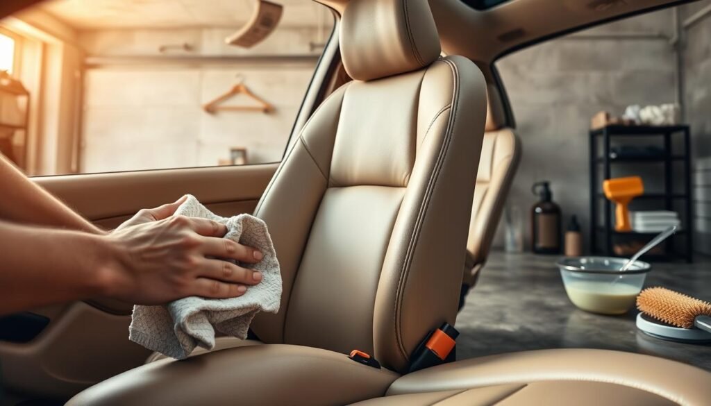 A detailed, high-quality, realistic image of a step-by-step leather seat cleaning process. Foreground shows a person's hands using a soft microfiber cloth to gently wipe and clean a luxurious, light-colored leather car seat. The middle ground features various leather cleaning supplies like a spray bottle, a soft-bristle brush, and a bowl of cleaning solution. The background has a well-lit, spotless garage interior with concrete floor and simple shelving. The lighting is natural, with warm, diffused tones highlighting the rich texture of the leather. The overall mood is one of care, attention to detail, and a sense of pride in maintaining the condition of a valuable leather interior.