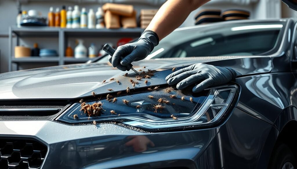 A detailed, high-resolution photograph of a car undergoing a thorough "démoustiquage" (insect removal) process. The scene is set in a well-lit auto detailing garage, with the car positioned in the foreground. The technician, wearing protective gloves, is carefully using a specialized tool to meticulously remove the accumulated insects from the car's front grille, hood, and side mirrors, creating a clean, pristine appearance. The background features neatly organized shelves of cleaning supplies and tools, conveying a sense of professionalism and expertise. The lighting is bright and natural, casting subtle shadows that accentuate the textures of the car's surface and the technician's movements. The overall mood is one of focused attention and attention to detail, showcasing the step-by-step techniques involved in effectively removing insects from a vehicle's exterior.