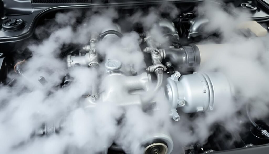A detailed, high-resolution photograph of an automobile engine undergoing a thorough steam cleaning process. The engine bay is filled with billowing clouds of steam, revealing the intricate components and surfaces being meticulously scrubbed and degreased. The camera angle captures the entire engine from a low, slightly angled perspective, showcasing the effectiveness of the steam cleaning technique in removing built-up grime and contaminants from hard-to-reach areas. Bright, even lighting illuminates the scene, highlighting the gleaming, freshly cleaned engine parts. The image conveys a sense of mechanical efficiency and the importance of proper engine maintenance.
