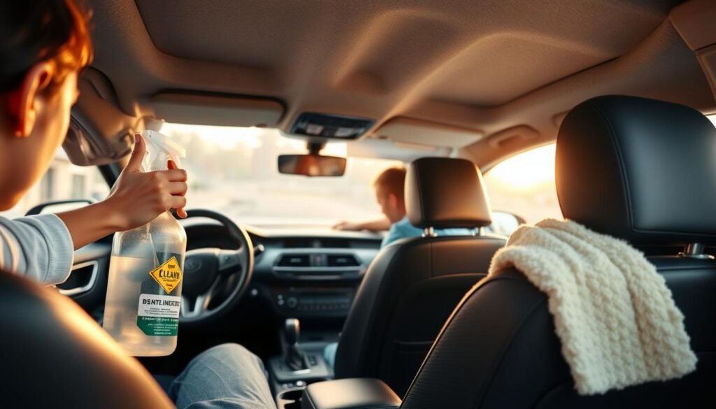A detailed, well-lit interior car scene showcasing various effective disinfection methods. In the foreground, a person sprays a disinfectant solution onto the steering wheel, gearshift, and door handles. In the middle ground, another person wipes down the dashboard and center console with a cleaning cloth. The backseat features a person wiping down the seats and headrests. The scene is bathed in a soft, warm lighting that highlights the textures of the car's surfaces. The atmosphere conveys a sense of thorough, meticulous cleaning to maintain a healthy, sanitized vehicle interior.