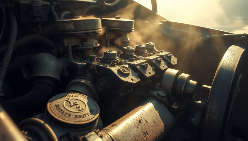 A dilapidated car engine, its components encrusted with soot and grime, struggling against the oppressive haze of urban pollution. Pistons laboring, valves straining, the once-vibrant performance muted by the relentless onslaught of smog. Sunlight filters through the murky atmosphere, casting a sickly, yellowish glow over the scene. The engine's metal surfaces appear dull and tarnished, a stark contrast to the pristine, shiny parts of a well-maintained powerplant. This realistic depiction captures the tangible impact of air pollution on the inner workings of an automobile, a cautionary tale of the consequences of environmental degradation.