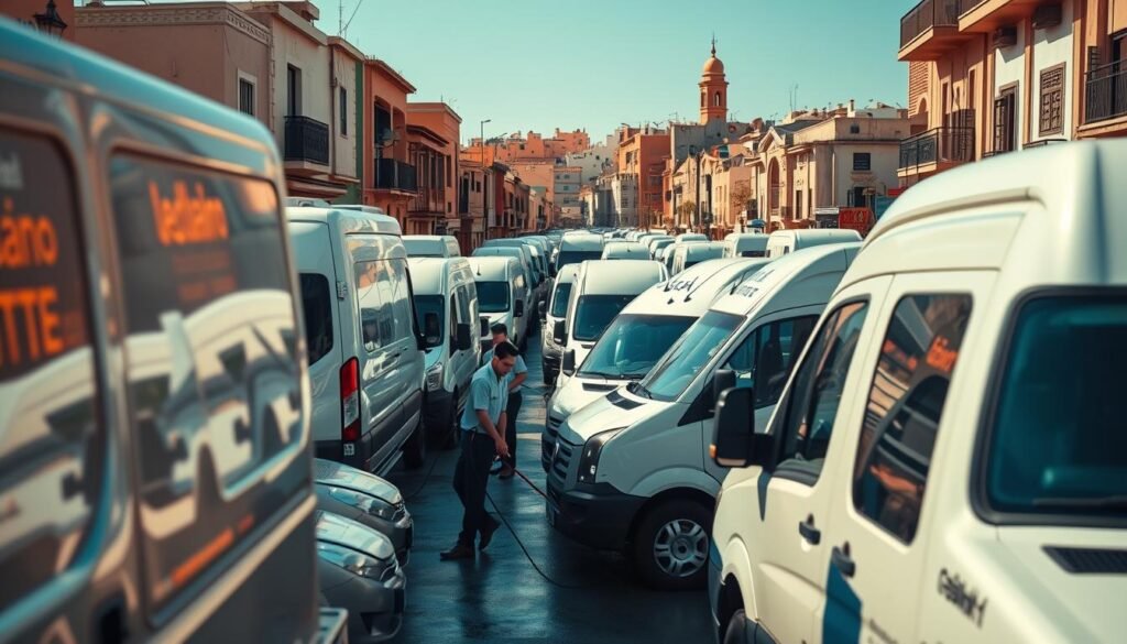 A fleet of professional cleaning vehicles, meticulously detailed, operating in a bustling Moroccan urban setting. The foreground showcases a variety of specialized trucks and vans, their exteriors gleaming in the warm afternoon sunlight. In the middle ground, workers in uniform diligently scrub and detail the vehicles, using high-pressure hoses and specialized cleaning equipment. The background depicts the vibrant architecture and bustling streets of a Moroccan city, providing a dynamic and contextual backdrop. The scene is captured with a cinematic wide-angle lens, emphasizing the scale and efficiency of the tailored fleet cleaning operation. The overall mood is one of professionalism, productivity, and attention to detail.
