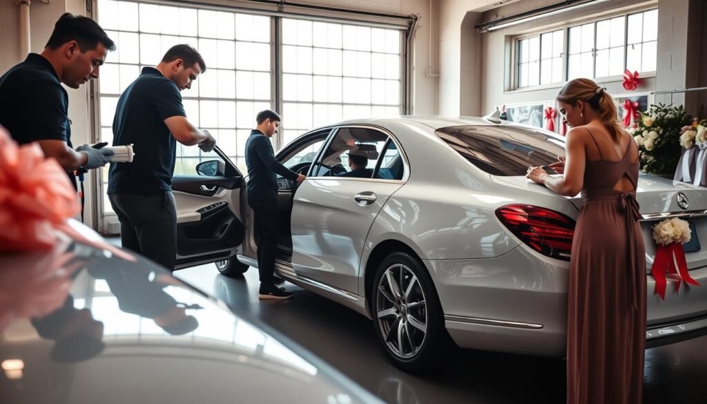 A lavish wedding car being meticulously prepared for the big day. The vehicle, a sleek and polished luxury sedan, sits in a bright, airy garage with natural light streaming in through large windows. A team of skilled detailers work diligently, using premium car care products to clean and buff the exterior to a mirror-like shine. The interior is meticulously vacuumed and wiped down, ensuring every surface gleams. In the background, a selection of finishing touches like ribbons, bows, and floral arrangements wait to be artfully applied, transforming the car into a stunning, picture-perfect wedding transportation. The overall atmosphere is one of focused professionalism and attention to detail, with the goal of creating a truly memorable and photogenic vehicle for the couple's special day.