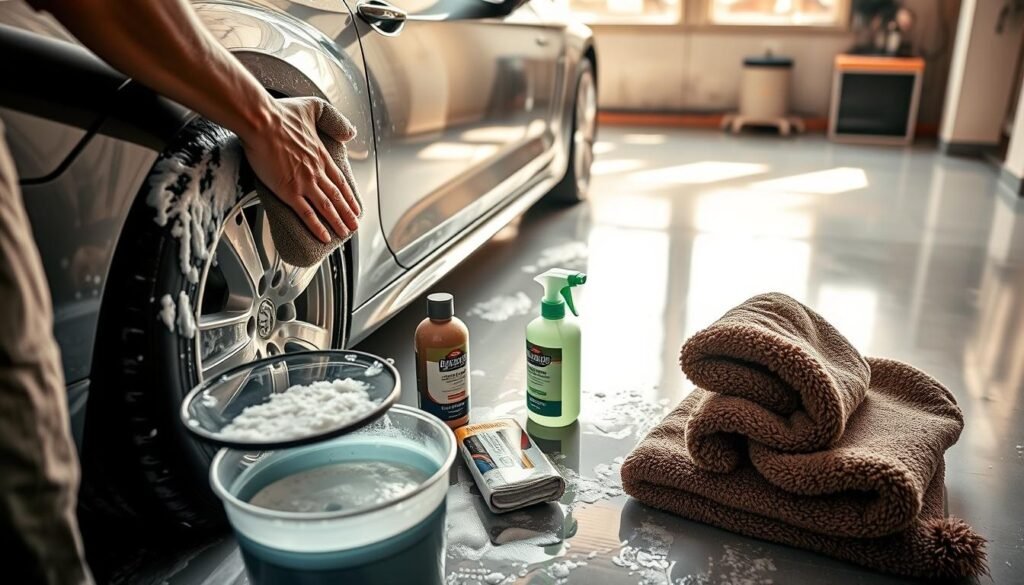 A meticulously detailed car exterior being washed by hand, with a focused attention to every surface. The foreground features a person gently scrubbing the car's panels with a microfiber mitt, working up a rich lather. The middle ground showcases the various cleaning products and tools laid out, including a bucket of soapy water, a high-quality car shampoo, and plush drying towels. In the background, the car is parked in a bright, well-lit garage with clean, polished concrete floors, casting warm, natural lighting across the scene. The overall mood is one of diligence and care, with a sense of accomplishment in the methodical, DIY approach to detailing the vehicle.