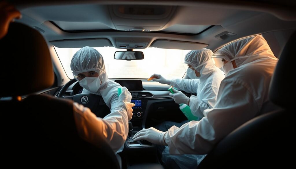 A professional car disinfection service in action. The interior of a sedan is being thoroughly cleaned and sanitized by a team of technicians. Bright LED lighting illuminates the process, revealing intricate details as they wipe down the dashboard, seats, and door panels with specialized disinfectant solutions. The technicians wear protective gear, ensuring a safe and hygienic environment. In the background, the vehicle's exterior gleams under a soft, diffused light, complementing the clinical yet meticulous nature of the scene. The overall atmosphere conveys a sense of efficient, high-quality car care tailored for the Moroccan market.