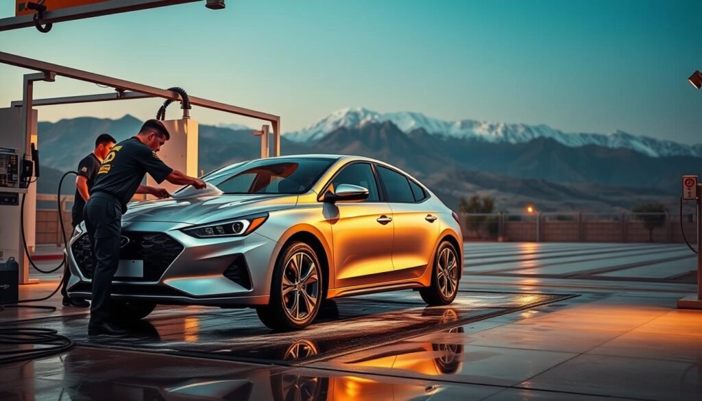 A professional hybrid car wash service in Maroc, set against a backdrop of the Atlas Mountains. The foreground depicts a sleek, silver hybrid vehicle being meticulously cleaned by skilled technicians, using specialized equipment and eco-friendly products. The middle ground showcases the state-of-the-art facility, with its modern design and well-organized wash bays. In the background, the majestic peaks of the Atlas range create a stunning natural setting, emphasizing the harmony between technology and the environment. The scene is illuminated by warm, diffused lighting, creating a sense of tranquility and attention to detail. The overall mood conveys the care and expertise required to safely and effectively wash a hybrid car in Morocco.
