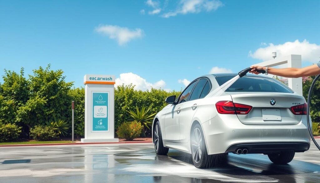 A realistic, eco-friendly car wash scene with a focus on water conservation. In the foreground, a sleek, modern sedan is being gently cleaned by a person using a low-flow hose and biodegradable soap. The midground shows a well-designed, minimalist car wash station with clearly marked water-saving instructions. In the background, lush greenery and a cloudless blue sky create a serene, environmentally-conscious atmosphere. Soft, diffused lighting from the side emphasizes the clean, sustainable nature of the process. The overall impression is one of efficiency, responsibility, and care for the environment. A realistic, eco-friendly car wash scene with a focus on water conservation. In the foreground, a sleek, modern sedan is being gently cleaned by a person using a low-flow hose and biodegradable soap. The midground shows a well-designed, minimalist car wash station with clearly marked water-saving instructions. In the background, lush greenery and a cloudless blue sky create a serene, environmentally-conscious atmosphere. Soft, diffused lighting from the side emphasizes the clean, sustainable nature of the process. The overall impression is one of efficiency, responsibility, and care for the environment.