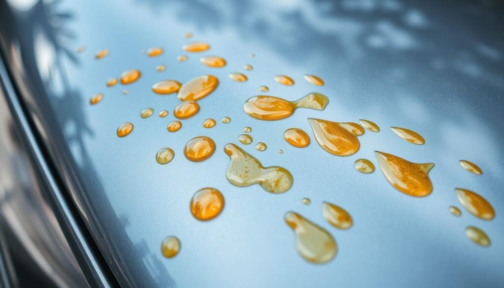 A realistic, high-quality photograph of a car's paint surface with visible tree sap residue. The sap appears as viscous, amber-colored droplets and streaks scattered across the vehicle's body panels. The lighting is natural and diffused, creating a soft, evenly-lit scene that highlights the textural details of the sap. The camera angle is at eye level, providing a close-up, detailed view of the affected area. The background is slightly blurred, keeping the focus on the car's surface and the stubborn tree sap deposits. The overall mood is one of a practical, problem-solving scenario, showcasing the challenge of removing this common automotive nuisance.