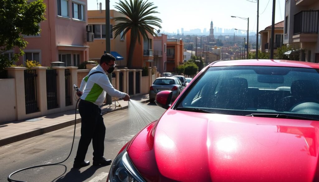 A residential street in Casablanca, Morocco, on a sunny afternoon. In the foreground, a well-maintained sedan is being meticulously washed by a team of attentive technicians. They work diligently, using high-quality cleaning products and specialized equipment to ensure a thorough and spotless finish. The vehicle's gleaming exterior reflects the bright sunlight, creating a sense of vibrancy and cleanliness. In the middle ground, other nearby homes and businesses provide a vibrant urban backdrop, while in the distance, the iconic architecture of Casablanca's skyline can be seen, hinting at the city's rich cultural heritage. The overall scene conveys the convenience and professionalism of the at-home car washing services available in this bustling Moroccan metropolis.
