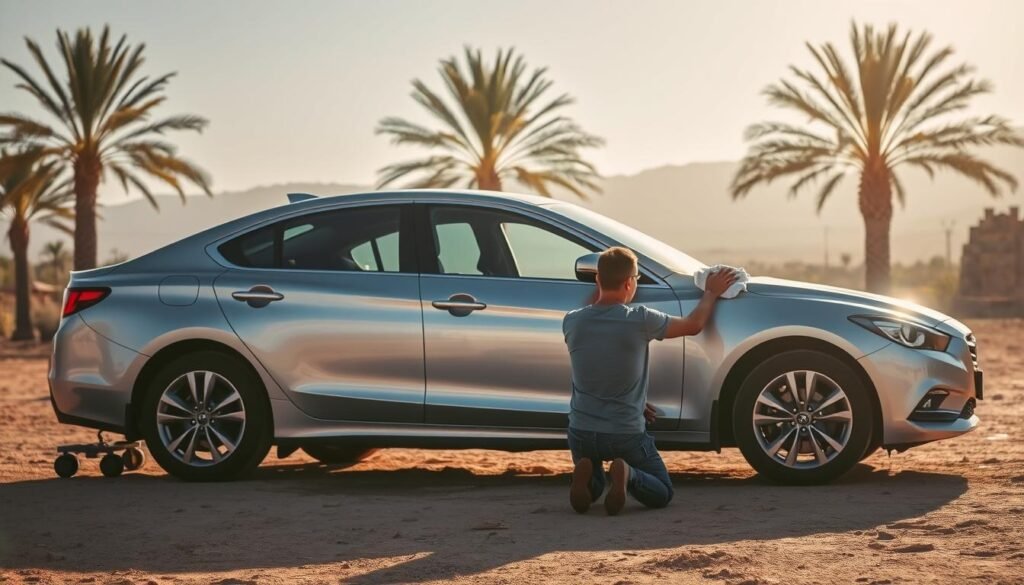 A serene outdoor scene featuring a person meticulously cleaning a car with a microfiber cloth, without the use of any water. The car, a sleek silver sedan, stands prominently in the middle ground, its surface glistening under the warm, diffused sunlight. The person, dressed in casual attire, is kneeling beside the car, intently focused on wiping down the body panels and wheels. The background is a picturesque Moroccan landscape, with lush palm trees and a hazy blue sky in the distance, creating a tranquil and relaxing atmosphere. The scene conveys a sense of efficiency and environmental consciousness, capturing the essence of a water-free car washing experience.