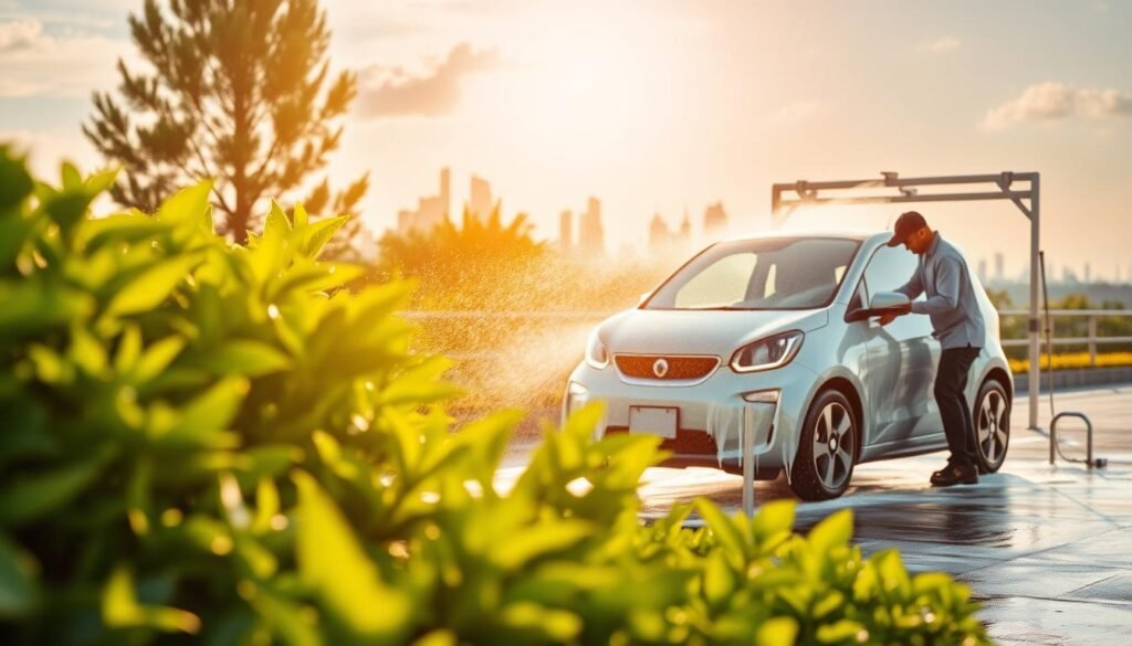 A serene, sunlit tableau depicting the environmental benefits of mobile car washing. In the foreground, a compact, modern electric vehicle is being meticulously cleaned by a skilled technician, utilizing a specialized, water-efficient mobile washing system. The middle ground showcases lush, verdant foliage, representing the reduced water consumption and eco-friendly practices of this mobile service. In the background, a picturesque urban skyline hints at the convenience and accessibility of this service within the city. The lighting is soft and natural, conveying a sense of tranquility and environmental harmony. The overall composition emphasizes the sustainable and convenient nature of mobile car washing, making it an appealing choice for the eco-conscious consumer.