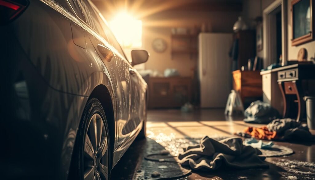 A sun-dappled car in a well-appointed garage, its freshly washed exterior marred by unsightly water spots and streaks. The foreground captures the car's contours, the paint glistening under the warm lighting. In the middle ground, discarded towels and cleaning supplies litter the floor, a testament to the owner's unsuccessful drying efforts. The background reveals the cozy, homely atmosphere of the garage, inviting the viewer to imagine the owner's frustration at these common drying mishaps. Dramatic shadows and soft, diffused illumination create a moody, cinematic ambiance, heightening the sense of imperfection and the need for a better drying technique.