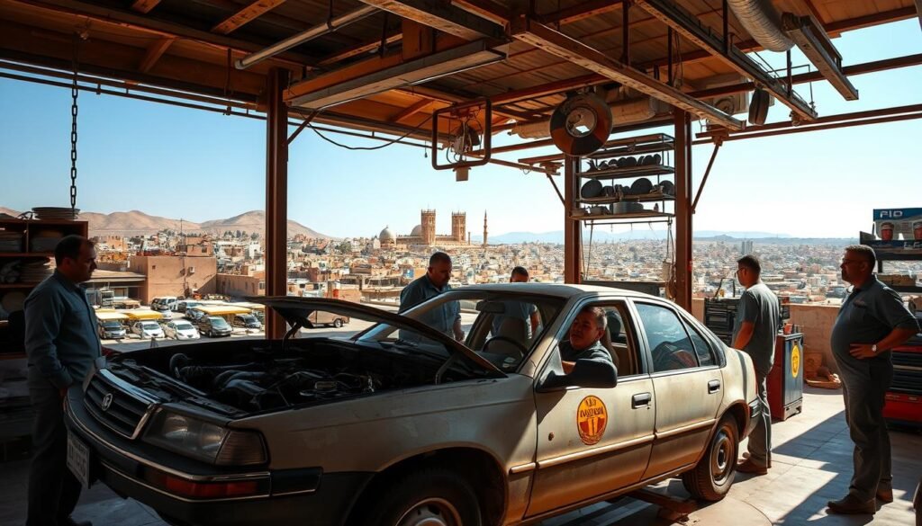 A sun-drenched garage in Marrakesh, filled with the aroma of motor oil and the hum of mechanics at work. In the foreground, a well-worn but meticulously maintained sedan sits atop a lift, its engine exposed for a routine checkup. Surrounding it, a team of skilled technicians in crisp overalls, their faces etched with concentration as they inspect and service the vehicle. In the middle ground, shelves stocked with an array of spare parts and tools, reflecting the dedication to keeping cars running smoothly in this desert climate. The background features a panoramic view of the bustling Moroccan city, with its vibrant markets and towering minarets in the distance, a reminder of the harsh environment these vehicles must endure. The scene conveys a sense of expertise, resilience, and the essential role of car maintenance in the day-to-day life of Moroccans.
