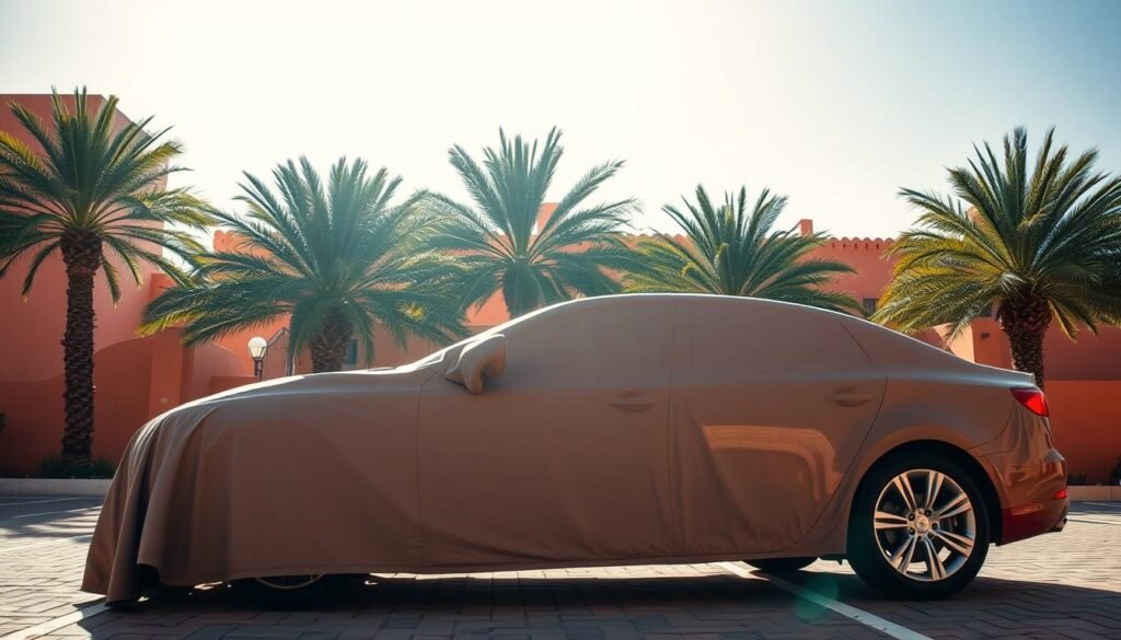 A sun-drenched parking lot in Marrakesh, Morocco. In the foreground, a pristine red sedan is parked under the intense North African sun, its glossy paint protected by a high-quality car cover. The cover is tailored to the vehicle's shape, shielding the body from the scorching rays while allowing airflow to prevent heat buildup. In the middle ground, palm trees sway gently, casting soft, filtered shadows across the scene. The background features the vibrant, earthy tones of traditional Moroccan architecture, creating a picturesque and authentic setting. The overall mood is one of tranquility and protection, a respite from the unyielding Saharan sunlight.