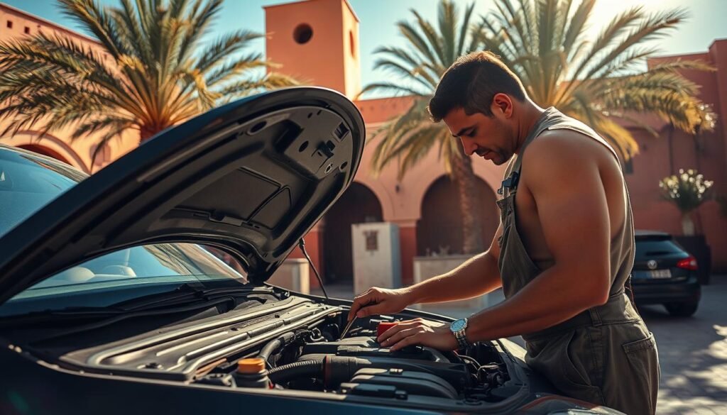 A sunny summer day in the heart of Marrakech, a mechanic carefully inspects a car's engine under the Moroccan sun. The scene depicts the technical maintenance required for vehicles in the hot, arid climate of the region. The mechanic, dressed in overalls, utilizes specialized tools and examines the various components with precision, ensuring the car is prepared to withstand the demanding conditions of the Moroccan summer. The background showcases the vibrant, earthy tones of the city, with traditional architecture and lush palm trees framing the image. Warm, golden lighting bathes the scene, creating a sense of authenticity and immersion in the Moroccan automotive landscape. A sunny summer day in the heart of Marrakech, a mechanic carefully inspects a car's engine under the Moroccan sun. The scene depicts the technical maintenance required for vehicles in the hot, arid climate of the region. The mechanic, dressed in overalls, utilizes specialized tools and examines the various components with precision, ensuring the car is prepared to withstand the demanding conditions of the Moroccan summer. The background showcases the vibrant, earthy tones of the city, with traditional architecture and lush palm trees framing the image. Warm, golden lighting bathes the scene, creating a sense of authenticity and immersion in the Moroccan automotive landscape.