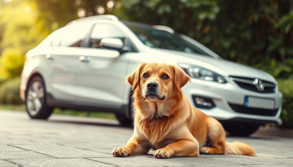 A well-kept and spotless car, its exterior gleaming under the soft, diffused lighting. In the foreground, a neatly groomed, friendly-looking dog sits attentively, its eyes shining with curiosity. The background features a serene, nature-inspired setting, with lush greenery and a calming, earthy palette. The composition is balanced and the perspective is slightly elevated, capturing the car and its canine companion in a harmonious, welcoming tableau. The overall mood is one of cleanliness, care, and the peaceful coexistence of man, machine, and nature.