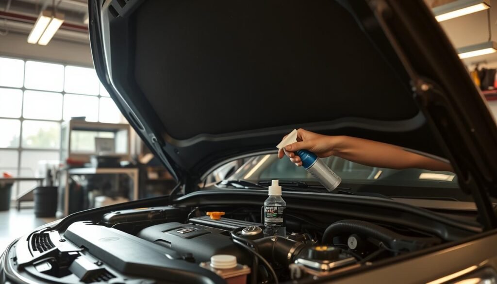 A well-lit automotive repair shop with a car's open engine bay in the foreground. A mechanic's hands meticulously cleaning engine components with specialized tools and products. The background features a cluttered but organized workbench with various automotive parts and supplies. The lighting is a combination of bright overhead lamps and natural daylight filtering in through large windows, creating a warm, focused atmosphere conducive to detailed engine maintenance. The scene conveys a sense of care, expertise, and the importance of regular engine upkeep to ensure a vehicle's proper functioning. A well-lit automotive repair shop with a car's open engine bay in the foreground. A mechanic's hands meticulously cleaning engine components with specialized tools and products. The background features a cluttered but organized workbench with various automotive parts and supplies. The lighting is a combination of bright overhead lamps and natural daylight filtering in through large windows, creating a warm, focused atmosphere conducive to detailed engine maintenance. The scene conveys a sense of care, expertise, and the importance of regular engine upkeep to ensure a vehicle's proper functioning.
