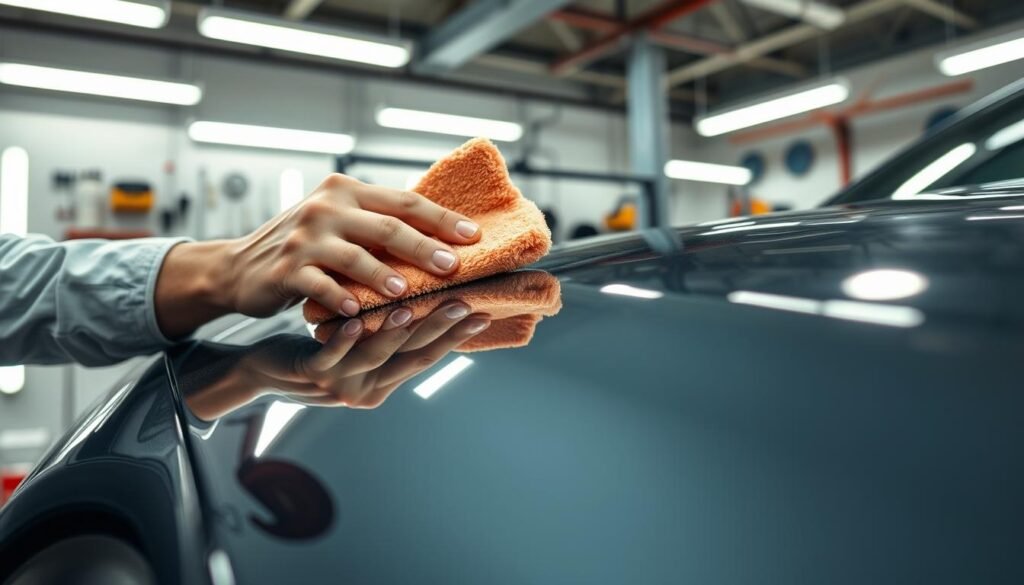 A well-lit, close-up view of a car undergoing a detailed ceramic coating treatment process. The car's exterior is positioned in the foreground, with a mechanic's hands carefully applying the protective ceramic sealant using a high-quality microfiber applicator. The background features a clean, organized workshop setting with various tools and equipment necessary for the meticulous car care process. The lighting is bright and even, highlighting the smooth, glossy finish of the car's paint as the ceramic coating is meticulously applied. The overall scene conveys a sense of professionalism, attention to detail, and the importance of proper maintenance for a car's long-term protection and preservation.