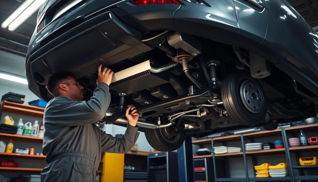 A well-lit garage interior, with a mechanic diligently inspecting the undercarriage of a late-model sedan. Crisp fluorescent lighting casts long shadows, highlighting the intricate details of the vehicle's chassis. The mechanic, dressed in a clean, oil-stained jumpsuit, carefully examines the suspension components, tires, and brake system, ensuring everything is in optimal condition. In the background, neatly organized shelves hold an array of tools, fluids, and spare parts, reflecting the meticulous attention to detail that characterizes regular vehicle maintenance. The scene conveys a sense of professionalism and dedication to preserving the vehicle's performance and longevity.