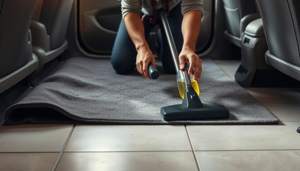 A well-lit interior scene of a person thoroughly cleaning a fabric car carpet using a specialized vacuum cleaner and cleaning solution. The carpet is laid flat on a tiled floor, and the person is kneeling down, intently focused on the task. The lighting is soft and natural, creating a warm, inviting atmosphere. The person's movements suggest a methodical, thorough approach to the cleaning process. The background is slightly blurred, keeping the attention on the central action. The overall impression is one of a diligent, effective carpet cleaning session.