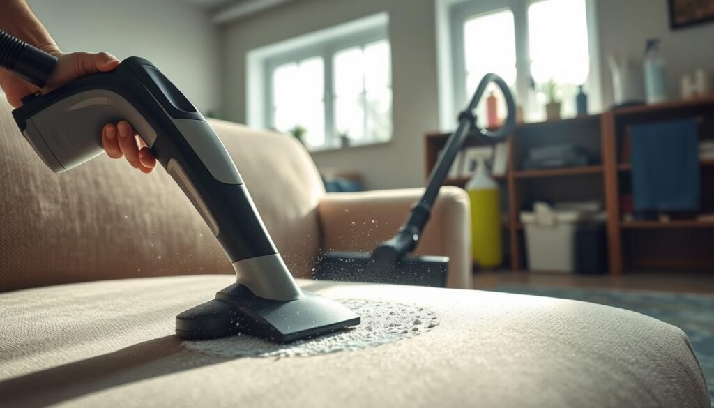 A well-lit interior scene showcasing the deep cleaning of upholstery. In the foreground, a hand-held steam cleaner is agitating the fabric, releasing embedded dirt and grime. Tiny droplets of water sparkle in the light, highlighting the thorough scrubbing motion. In the middle ground, a high-powered vacuum nozzle is carefully maneuvering over the cleaned surface, sucking up the loosened debris. Soft, diffused lighting from windows creates a gentle, calming atmosphere, emphasizing the attention to detail in the cleaning process. The background features neatly organized cleaning supplies and tools, conveying a sense of efficiency and professionalism.