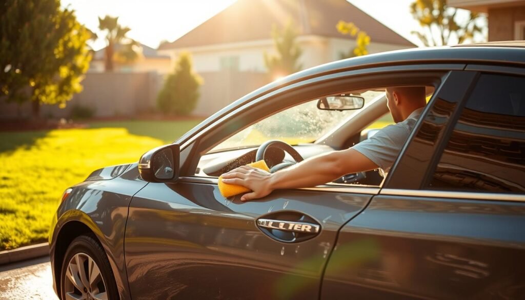 A well-maintained car in a residential setting, the driver performing a regular car wash routine. The scene is bathed in warm, golden sunlight, casting soft shadows and highlights across the vehicle's surface. The driver, wearing casual attire, is meticulously scrubbing the car's exterior with a sponge, attending to every panel and detail. In the background, a neatly trimmed lawn and a few lush trees provide a pleasant, natural backdrop. The overall atmosphere conveys a sense of domestic tranquility and the importance of consistent car care to preserve the vehicle's appearance and condition.