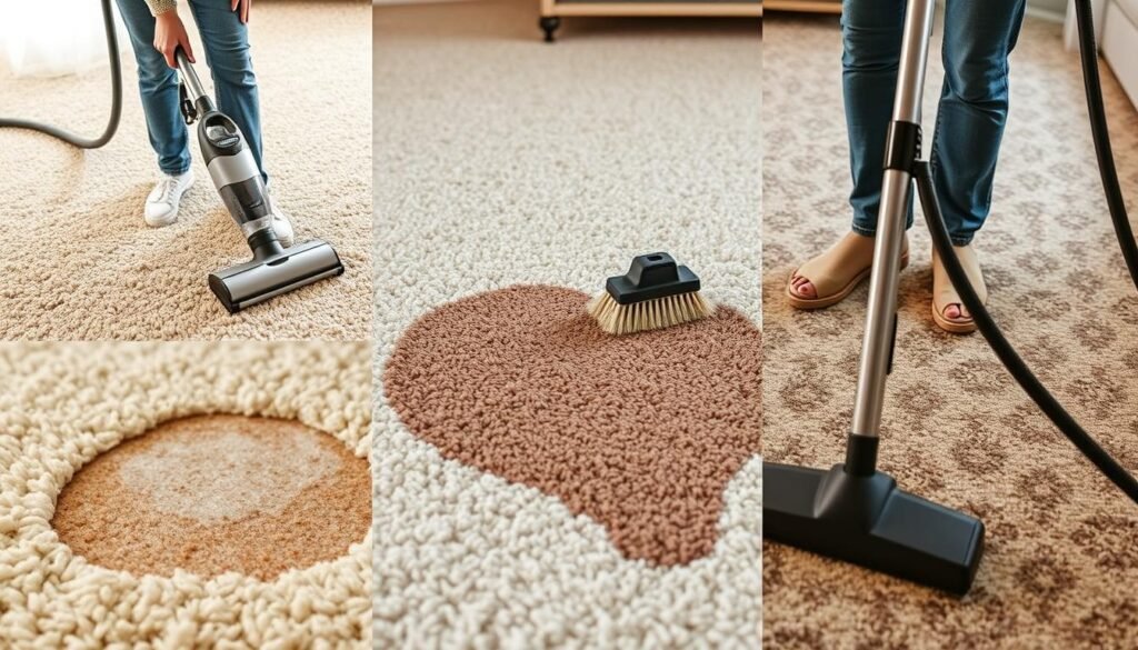 high quality, detailed, photorealistic image of different carpet cleaning techniques, including a person using a handheld carpet cleaner on a beige plush carpet, a person scrubbing a stained area with a brush, and a person using a vacuum cleaner on a patterned carpet. The image should have warm, natural lighting and a soft, inviting atmosphere. The focus should be on the cleaning techniques, with the carpet materials and tools clearly visible. The composition should be well-balanced, with a clear sense of depth and scale.